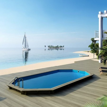 Zwembad NEMO 7.3 x 3.97 – H.1.45 m, lichtblauw, met beugels vastgeschroefd aan beton