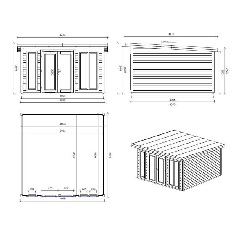 Houten tuinhuis Kira 4,04x4,09 m - 12 m2 - 34 mm