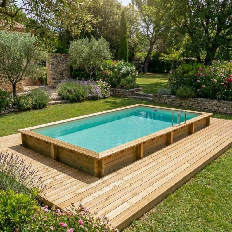 Zwembad AQUA 8.5 x 4.35 – H.1.45 m, zand, met beugels vastgeschroefd aan beton