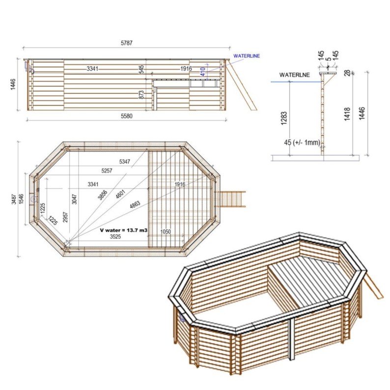 Zwembad NEMO 5.79 x 3.49 – H.1.45 m met strand, grijs, met beugels vastgeschroefd aan beton