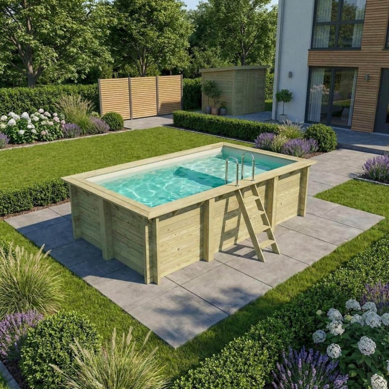 Zwembad AQUA 4.65 x 2.85 – H.1.24 m met strand, zand, met beugels vastgeschroefd aan beton