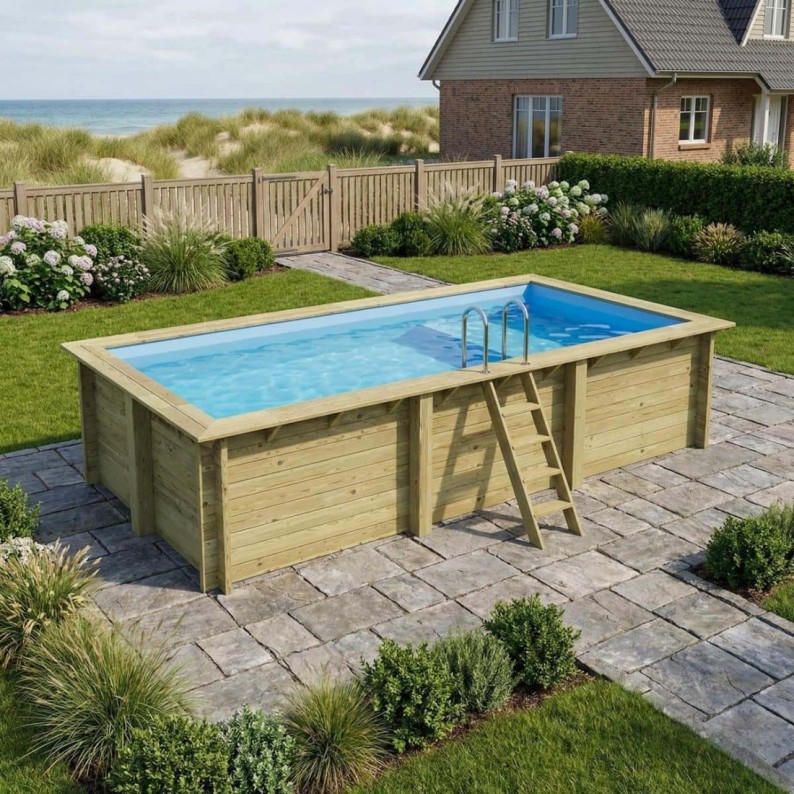 Zwembad AQUA 6.1 x 2.85 – H.1.31 m met strand, lichtblauw, met beugels vastgeschroefd aan beton