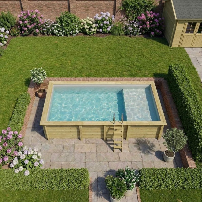 Zwembad AQUA 7 x 3.75 – H.1.45 m met strand, grijs, met beugels vastgeschroefd aan beton