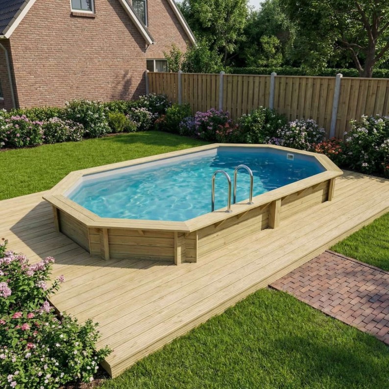 Zwembad NEMO 5.79 x 3.49 – H.1.45 m, grijs, met beugels vastgeschroefd aan beton