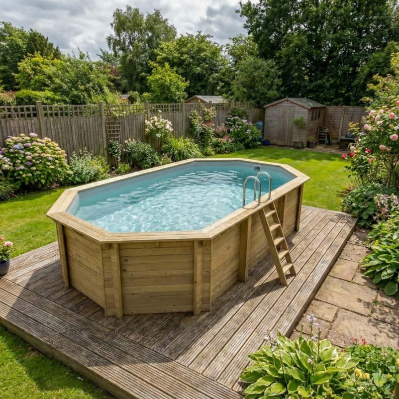 Zwembad NEMO 7.3 x 3.97 – H.1.45 m, grijs, met beugels vastgeschroefd aan beton