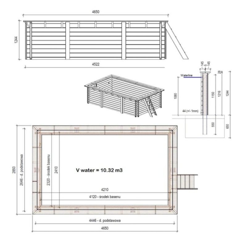 Zwembad AQUA 4.65 x 2.85 – H.1.24 m, zand, met beugels vastgeschroefd aan beton