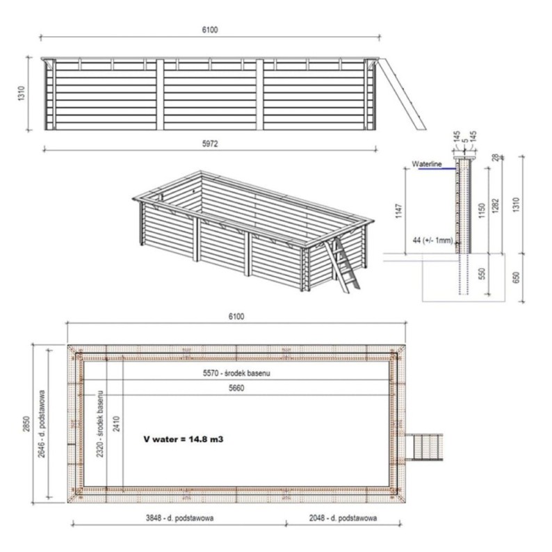 Zwembad AQUA 6.1 x 2.85 – H.1.31 m, grijs, met in te betonneren steunen