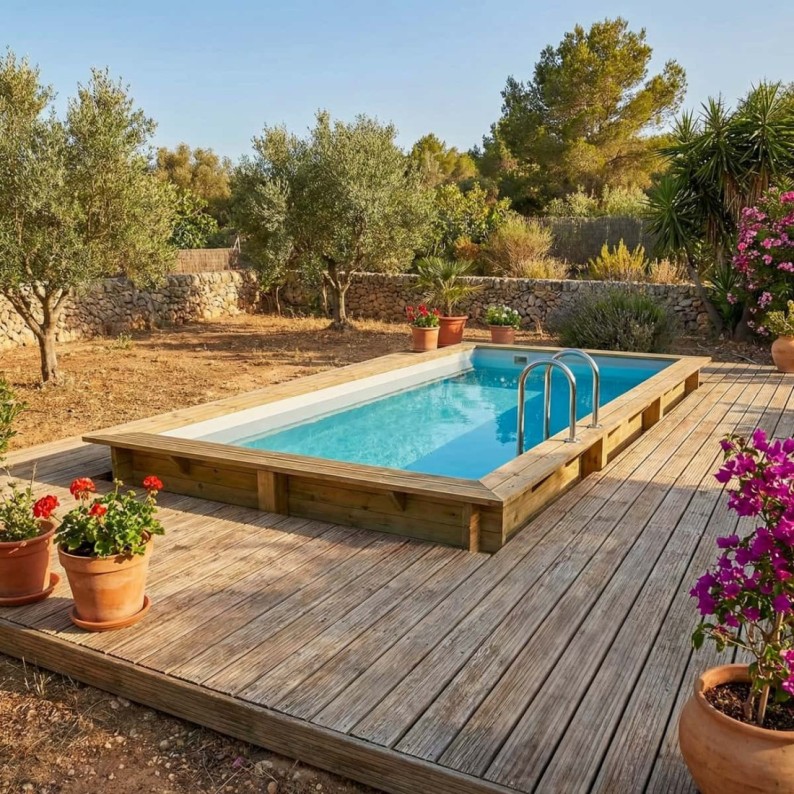 Zwembad AQUA 6.1 x 2.85 – H.1.31 m, grijs, met beugels vastgeschroefd aan beton