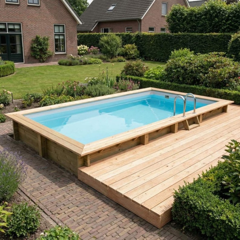 Zwembad AQUA 7 x 3.75 – H.1.45 m, grijs, met beugels vastgeschroefd aan beton