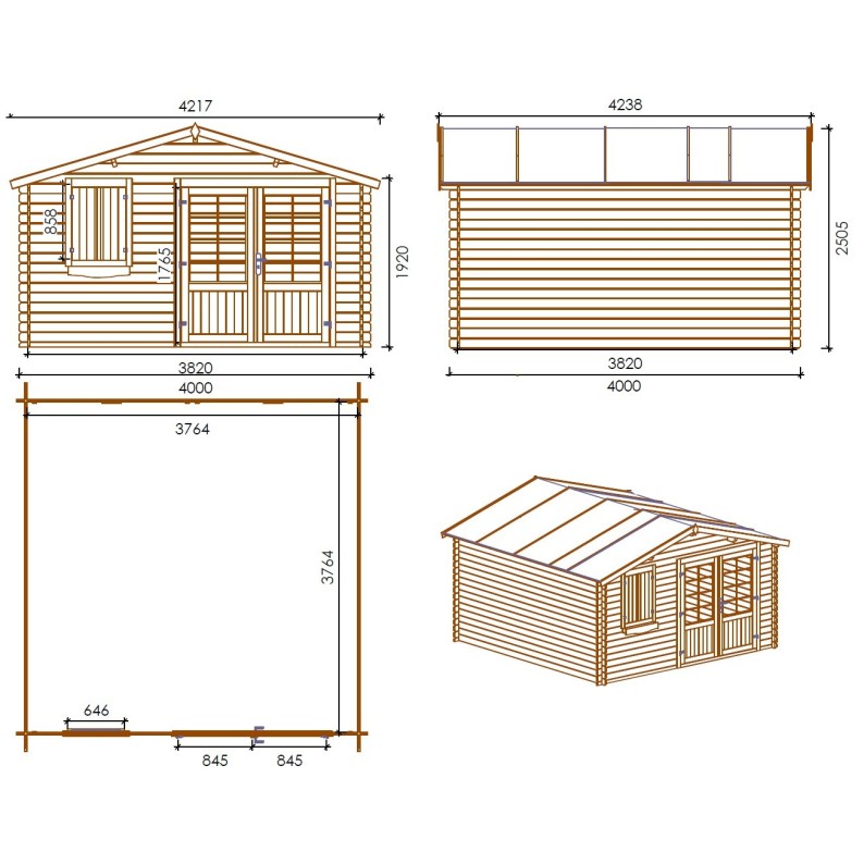 Tuinhuis Salzburg 400x400 cm | Dubbele deur | Onbehandeld