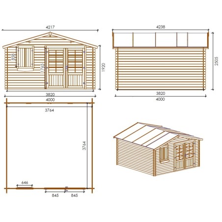 Tuinhuis Salzburg 400x400 cm | Dubbele deur | Onbehandeld