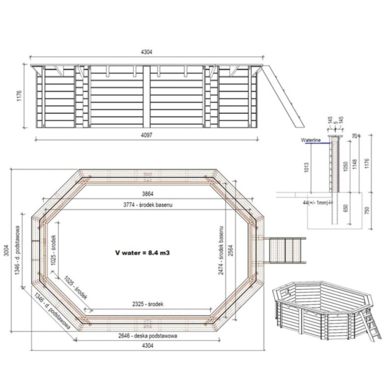 Zwembad NEMO 4.3 x 3 – H.1.18 m, lichtblauw, met in te betonneren steunen