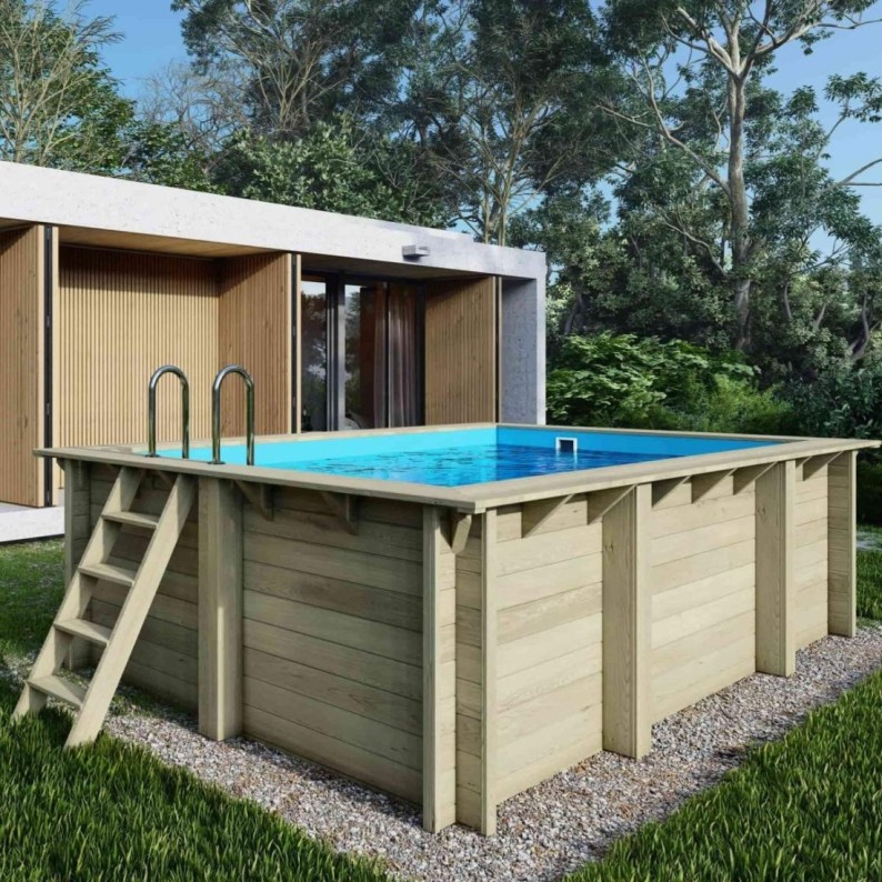 Zwembad AQUA 4.65 x 2.85 – H.1.24 m, lichtblauw, met beugels vastgeschroefd aan beton