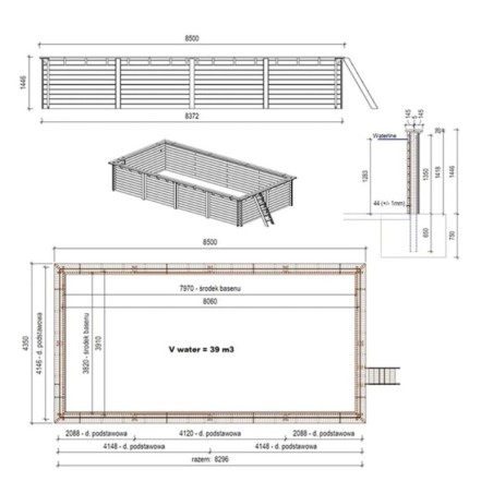 Zwembad AQUA 8.5 x 4.35 – H.1.45 m, lichtblauw, met beugels vastgeschroefd aan beton