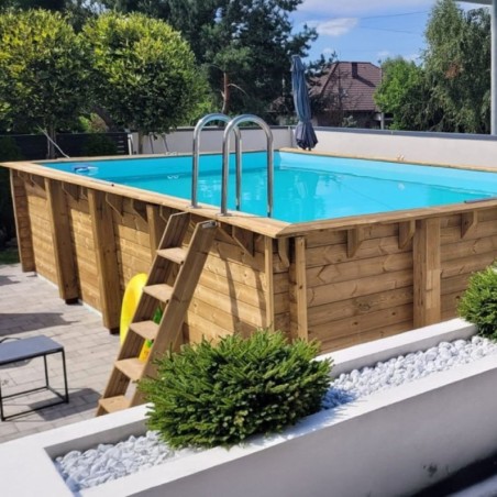 Zwembad AQUA 8.5 x 4.35 – H.1.45 m, lichtblauw, met beugels vastgeschroefd aan beton