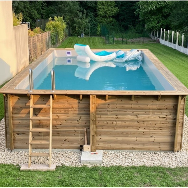 Zwembad AQUA 8.5 x 4.35 – H.1.45 m, lichtblauw, met beugels vastgeschroefd aan beton