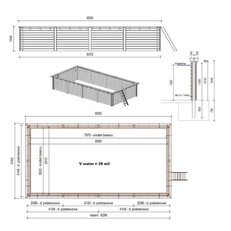 Zwembad AQUA 8.5 x 4.35 – H.1.45 m, grijs, met beugels vastgeschroefd aan beton