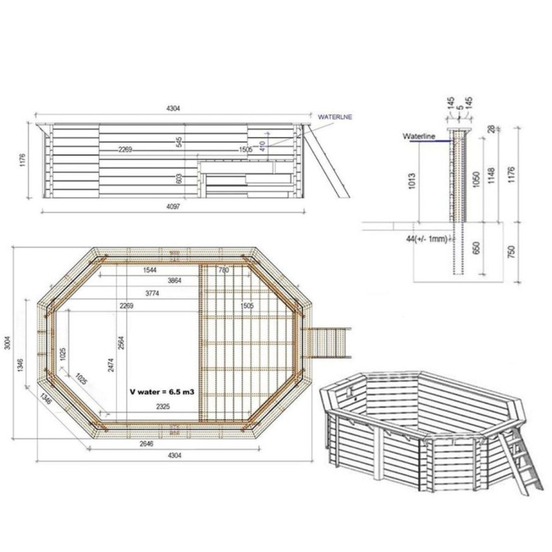 Zwembad NEMO 4.3 x 3 – H.1.18 m met strand, grijs, met beugels vastgeschroefd aan beton