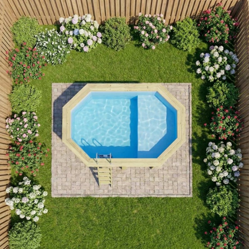 Zwembad NEMO 4.3 x 3 – H.1.31 m met strand, lichtblauw, met beugels vastgeschroefd aan beton