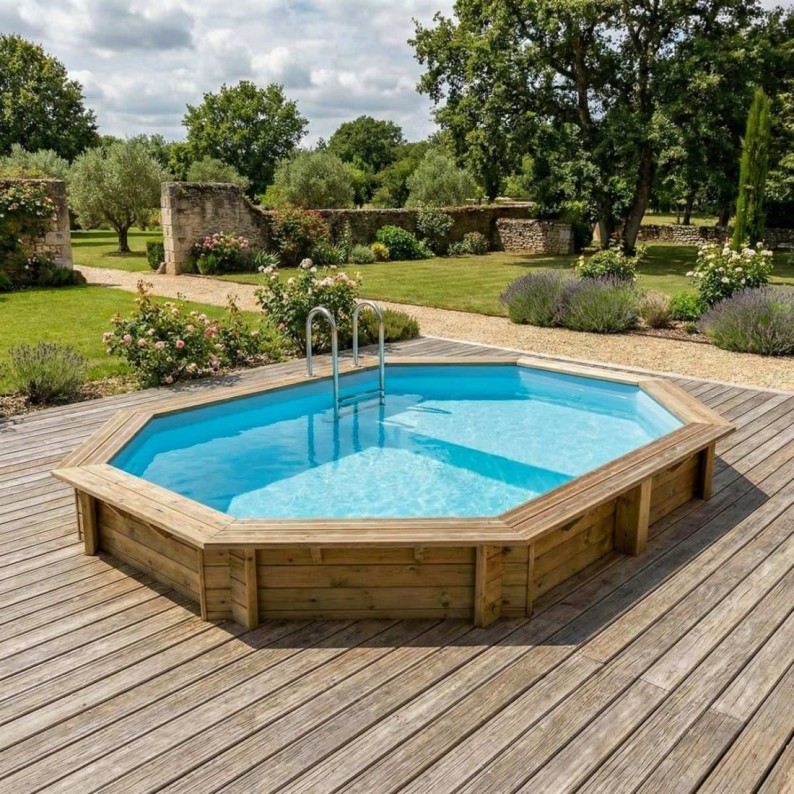 Zwembad NEMO 4.3 x 3 – H.1.31 m met strand, lichtblauw, met beugels vastgeschroefd aan beton