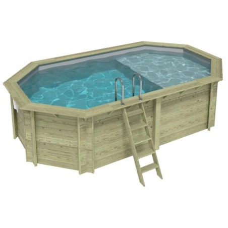 Zwembad NEMO 5.79 x 3.49 – H.1.45 m met strand, grijs, met beugels vastgeschroefd aan beton