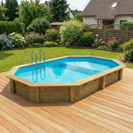 Zwembad NEMO 5.79 x 3.49 – H.1.45 m met strand, lichtblauw, met in te betonneren steunen