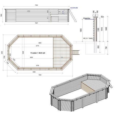 Zwembad NEMO 7.3 x 3.97 – H.1.45 m met strand, zand, op een frame - zonder betonnering