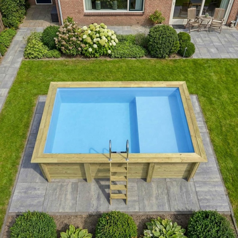 Zwembad AQUA 4.65 x 2.85 – H.1.24 m met strand, lichtblauw, met in te betonneren steunen