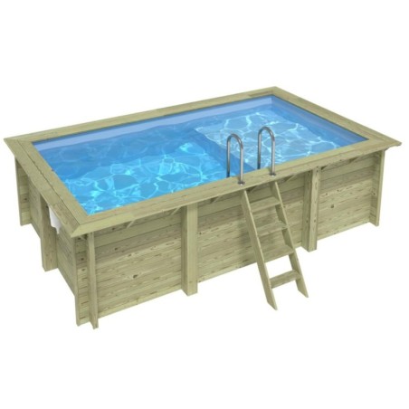 Zwembad AQUA 4.65 x 2.85 – H.1.24 m met strand, lichtblauw, met beugels vastgeschroefd aan beton