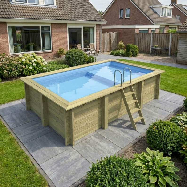 Zwembad AQUA 4.65 x 2.85 – H.1.24 m met strand, lichtblauw, met beugels vastgeschroefd aan beton