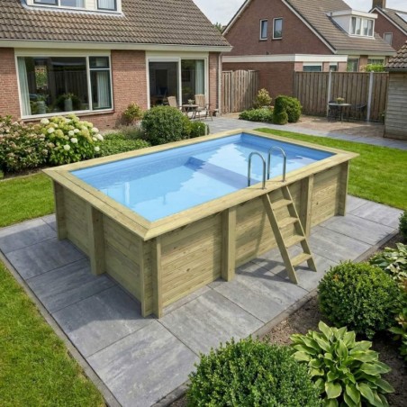 Zwembad AQUA 4.65 x 2.85 – H.1.24 m met strand, lichtblauw, met beugels vastgeschroefd aan beton