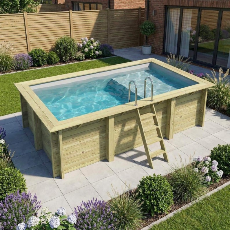 Zwembad AQUA 4.65 x 2.85 – H.1.24 m met strand, grijs, met beugels vastgeschroefd aan beton