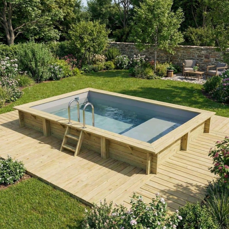 Zwembad AQUA 4.65 x 2.85 – H.1.24 m met strand, grijs, met beugels vastgeschroefd aan beton