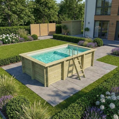 Zwembad AQUA 4.65 x 2.85 – H.1.24 m met strand, zand, met beugels vastgeschroefd aan beton