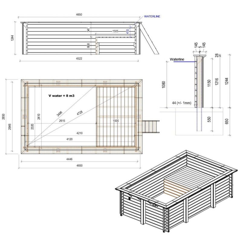 Zwembad AQUA 4.65 x 2.85 – H.1.24 m met strand, lichtblauw, op een frame - zonder betonnering
