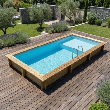 Zwembad AQUA 6.1 x 2.85 – H.1.31 m met strand, lichtblauw, met in te betonneren steunen