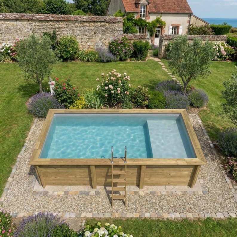 Zwembad AQUA 6.1 x 2.85 – H.1.31 m met strand, grijs, met in te betonneren steunen