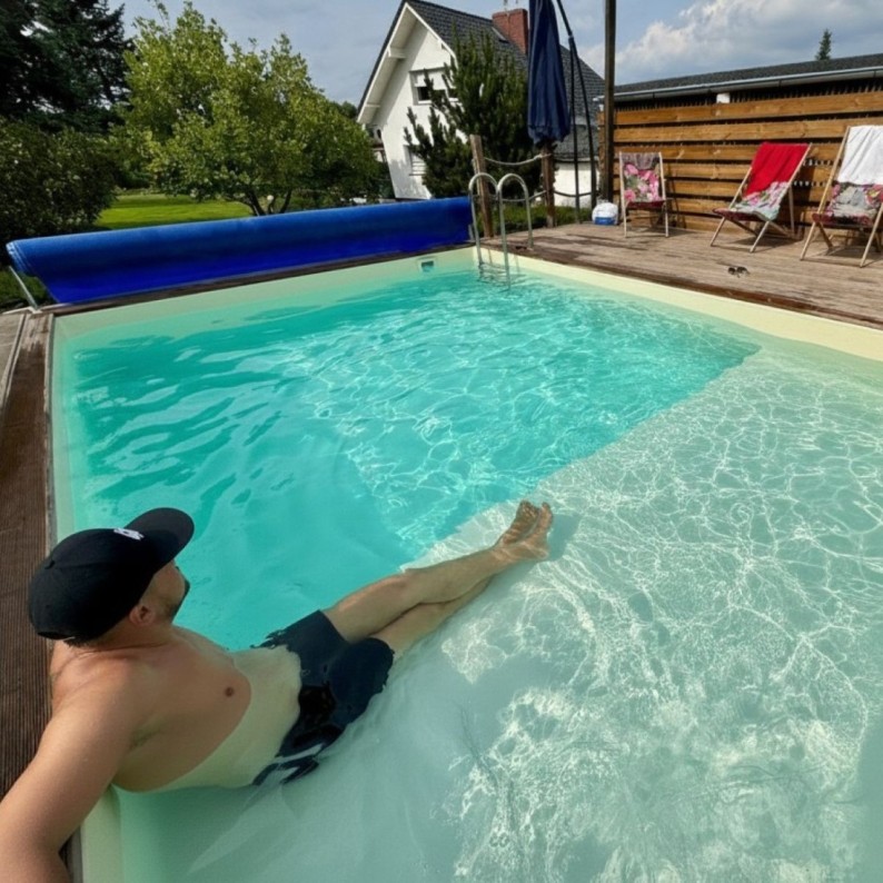 Zwembad AQUA 6.1 x 2.85 – H.1.31 m met strand, grijs, met in te betonneren steunen