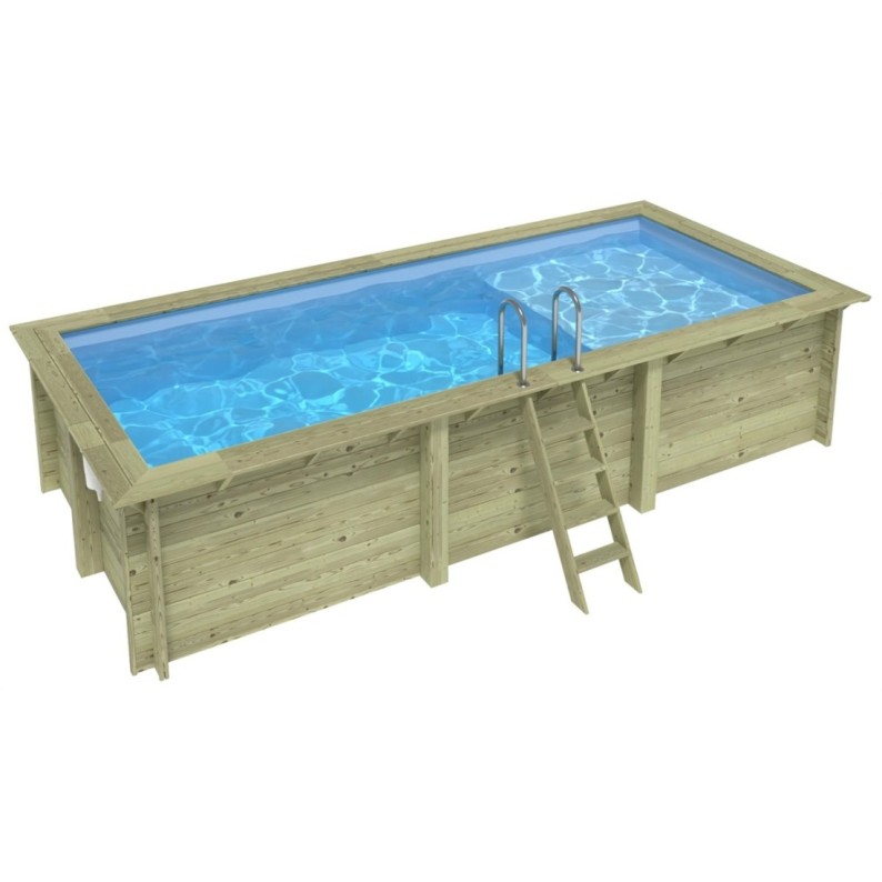 Zwembad AQUA 6.1 x 2.85 – H.1.31 m met strand, lichtblauw, met beugels vastgeschroefd aan beton