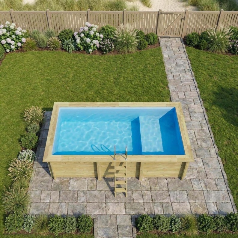 Zwembad AQUA 6.1 x 2.85 – H.1.31 m met strand, lichtblauw, met beugels vastgeschroefd aan beton