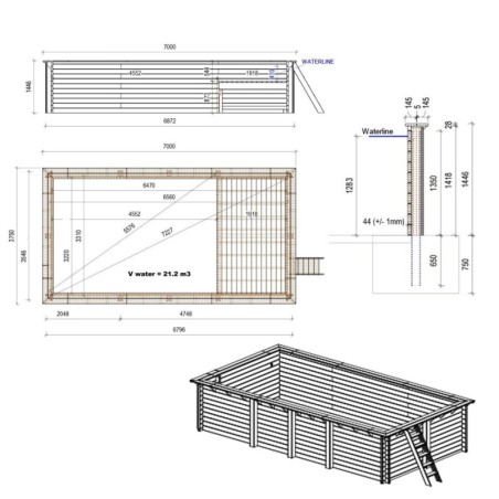 Zwembad AQUA 7 x 3.75 – H.1.45 m met strand, lichtblauw, met in te betonneren steunen