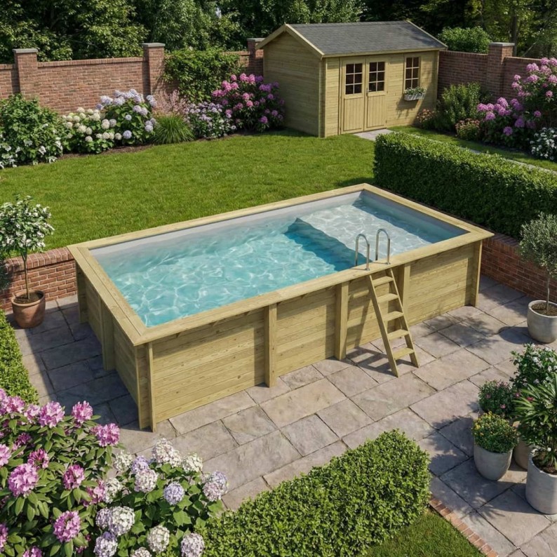Zwembad AQUA 7 x 3.75 – H.1.45 m met strand, grijs, met in te betonneren steunen