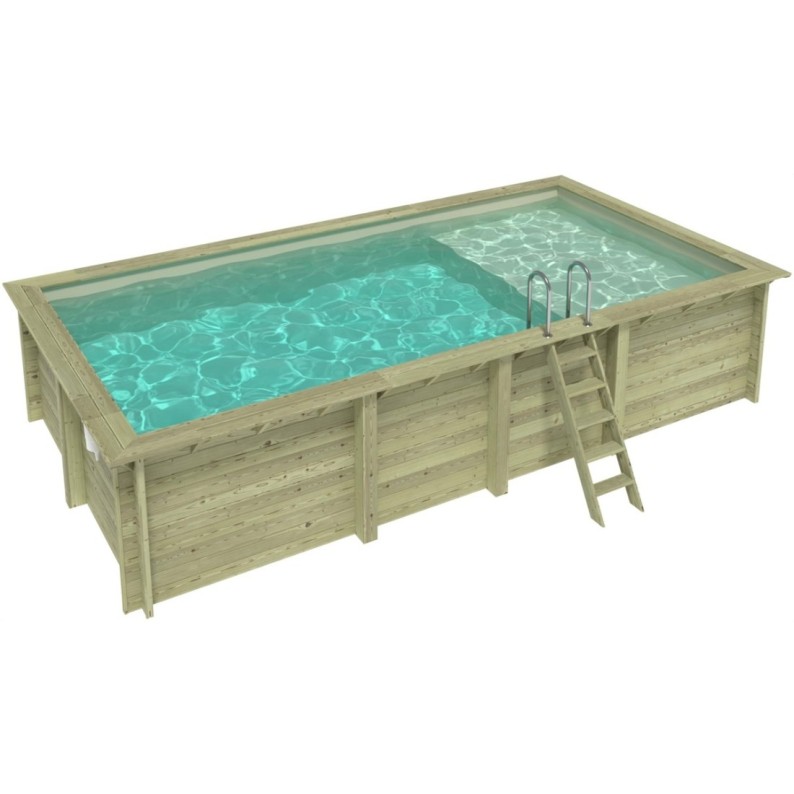 Zwembad AQUA 7 x 3.75 – H.1.45 m met strand, zand, met in te betonneren steunen