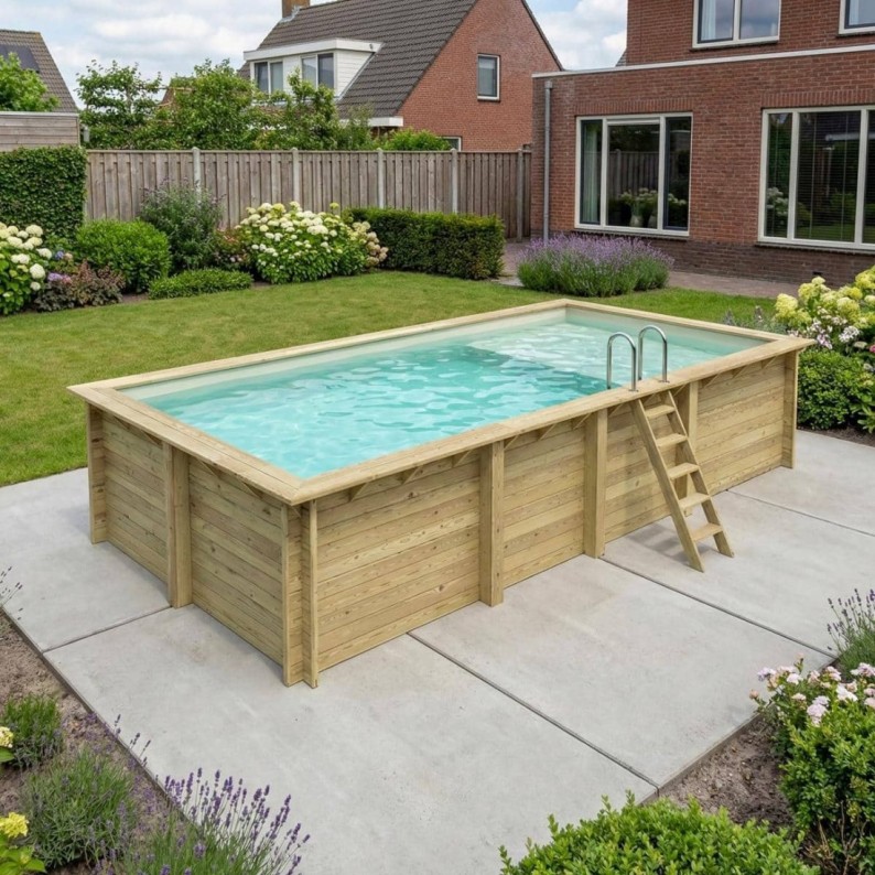 Zwembad AQUA 7 x 3.75 – H.1.45 m met strand, zand, met in te betonneren steunen