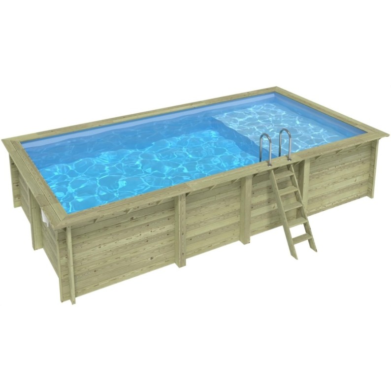 Zwembad AQUA 7 x 3.75 – H.1.45 m met strand, lichtblauw, met beugels vastgeschroefd aan beton