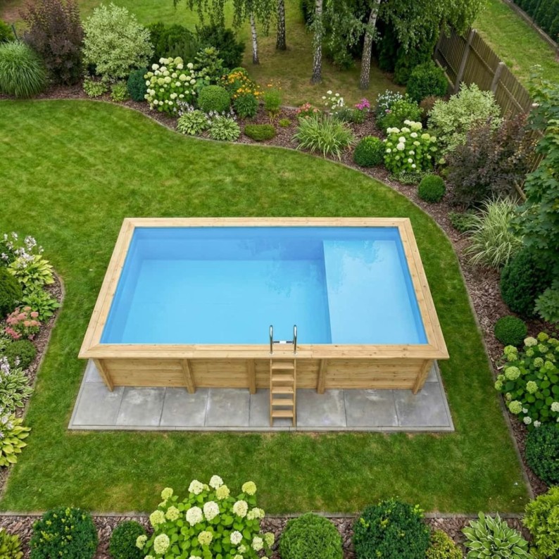 Zwembad AQUA 7 x 3.75 – H.1.45 m met strand, lichtblauw, met beugels vastgeschroefd aan beton