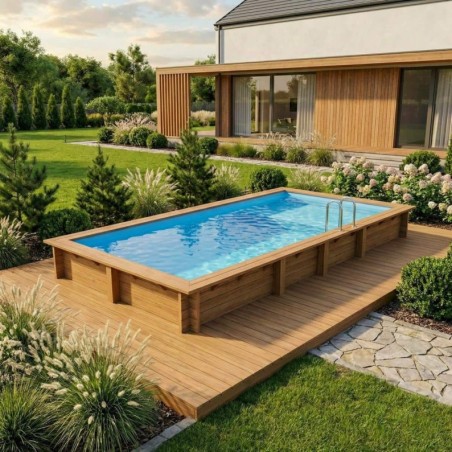 Zwembad AQUA 7 x 3.75 – H.1.45 m met strand, lichtblauw, met beugels vastgeschroefd aan beton