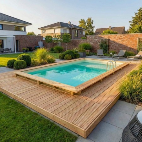 Zwembad AQUA 7 x 3.75 – H.1.45 m met strand, zand, met beugels vastgeschroefd aan beton