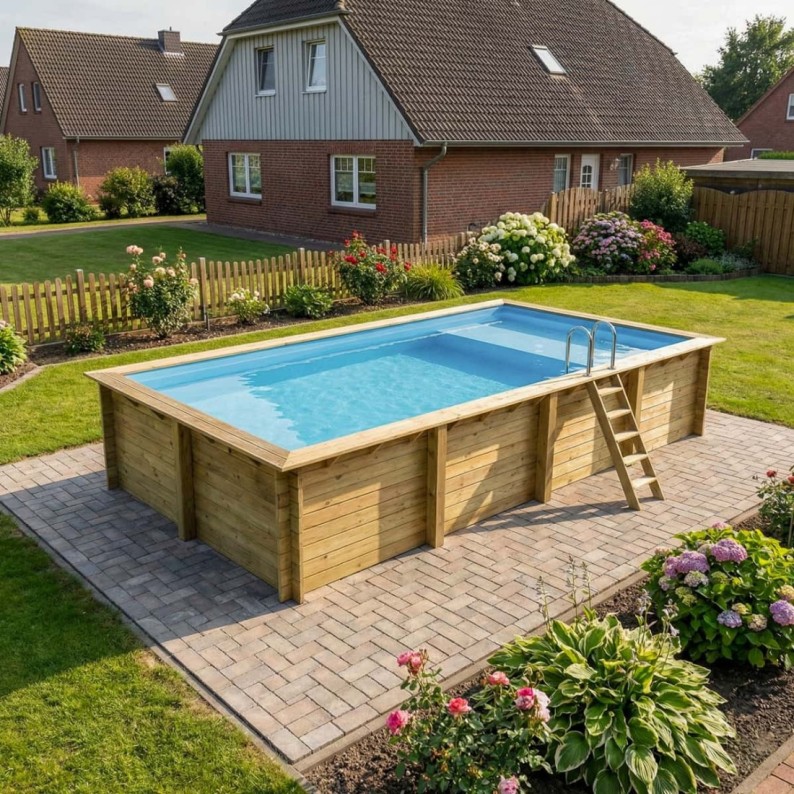 Zwembad AQUA 8.5 x 4.35 – H.1.45 m met strand, lichtblauw, met in te betonneren steunen