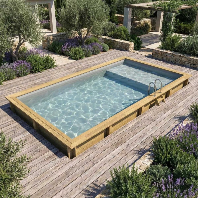 Zwembad AQUA 8.5 x 4.35 – H.1.45 m met strand, grijs, met in te betonneren steunen